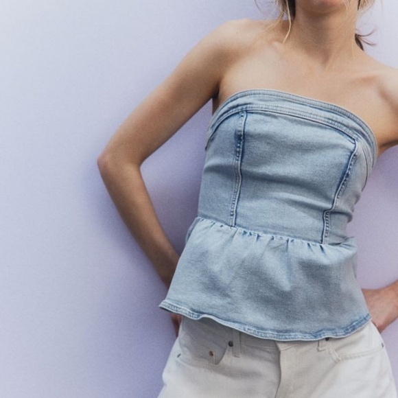 H&M Strapless Peplum Blue Denim Top - Sz XXS, 00 - Picture 2 of 5